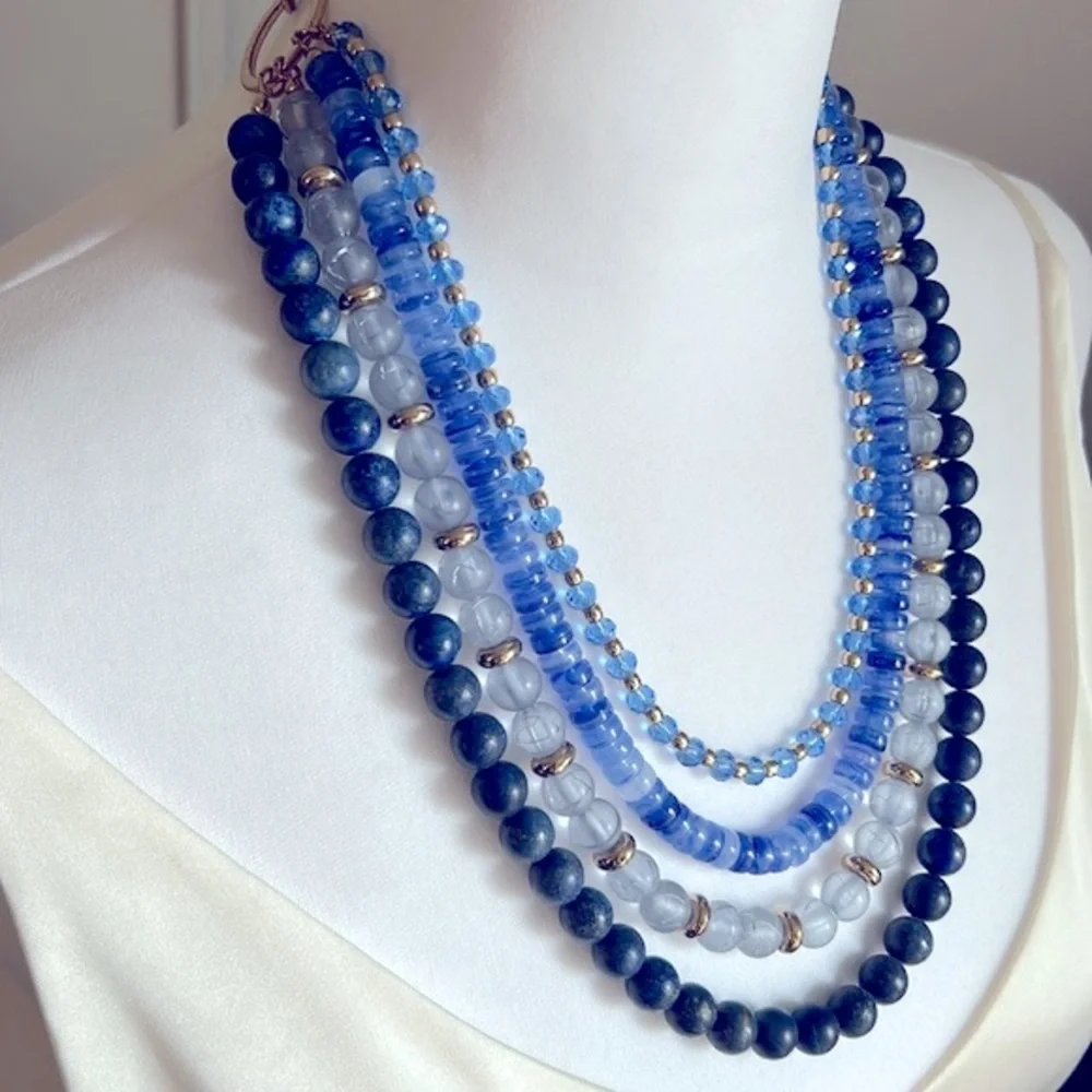 Loft Women’s Statement Multi-Strand Layered Blue and Gold Beaded Necklace